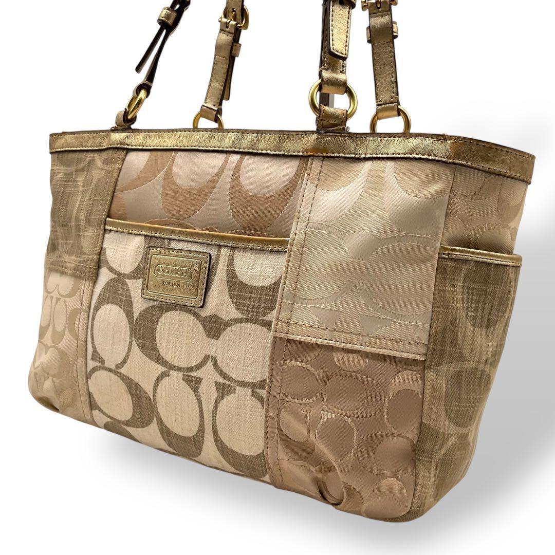 COACH Hand Bag Tote Purse Signature Denim Leather Beige Brown Gold Authentic
