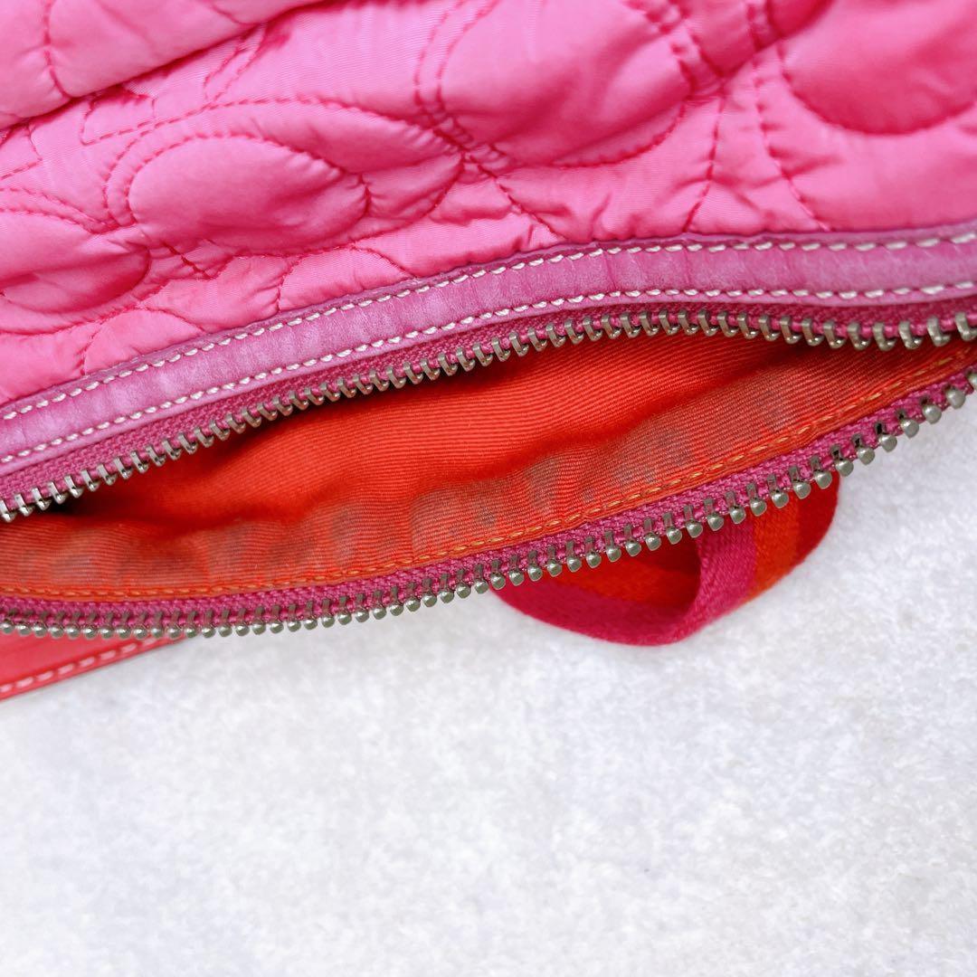 COACH Hand Bag Tote Purse Turn Lock Signature Nylon Suede Pink Red Authentic