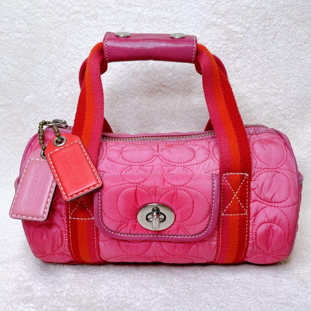 COACH Hand Bag Tote Purse Turn Lock Signature Nylon Suede Pink Red Authentic