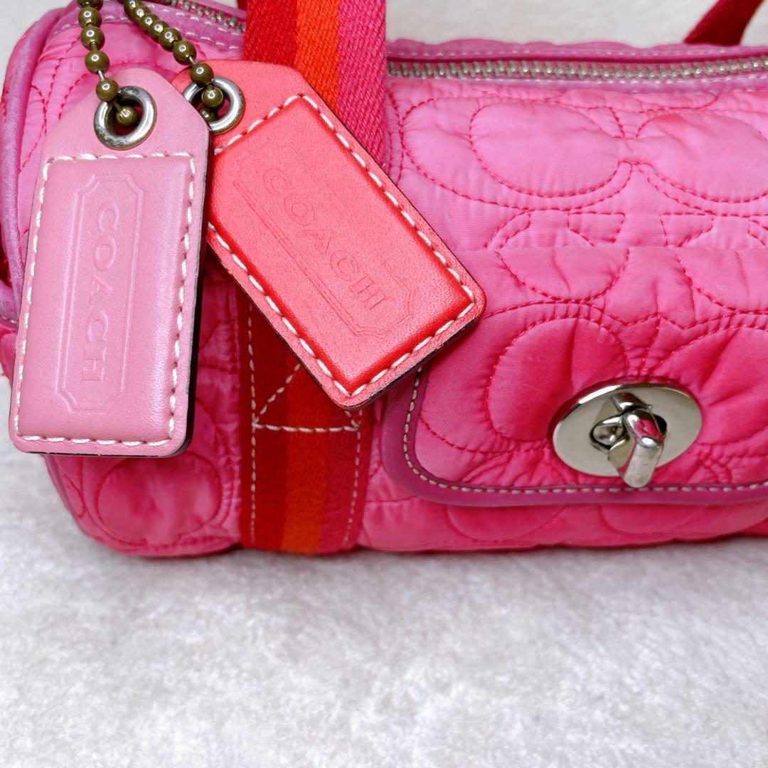 COACH Hand Bag Tote Purse Turn Lock Signature Nylon Suede Pink Red Authentic