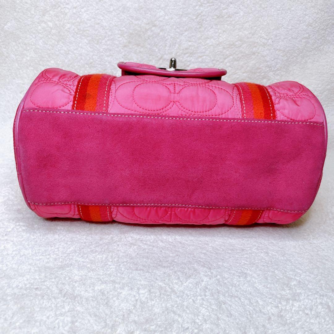 COACH Hand Bag Tote Purse Turn Lock Signature Nylon Suede Pink Red Authentic