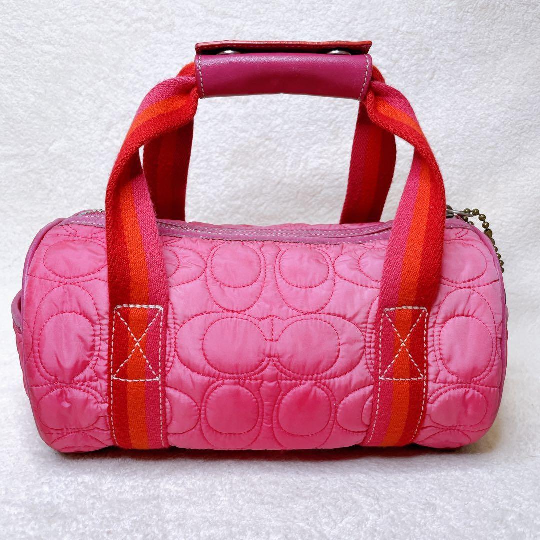 COACH Hand Bag Tote Purse Turn Lock Signature Nylon Suede Pink Red Authentic