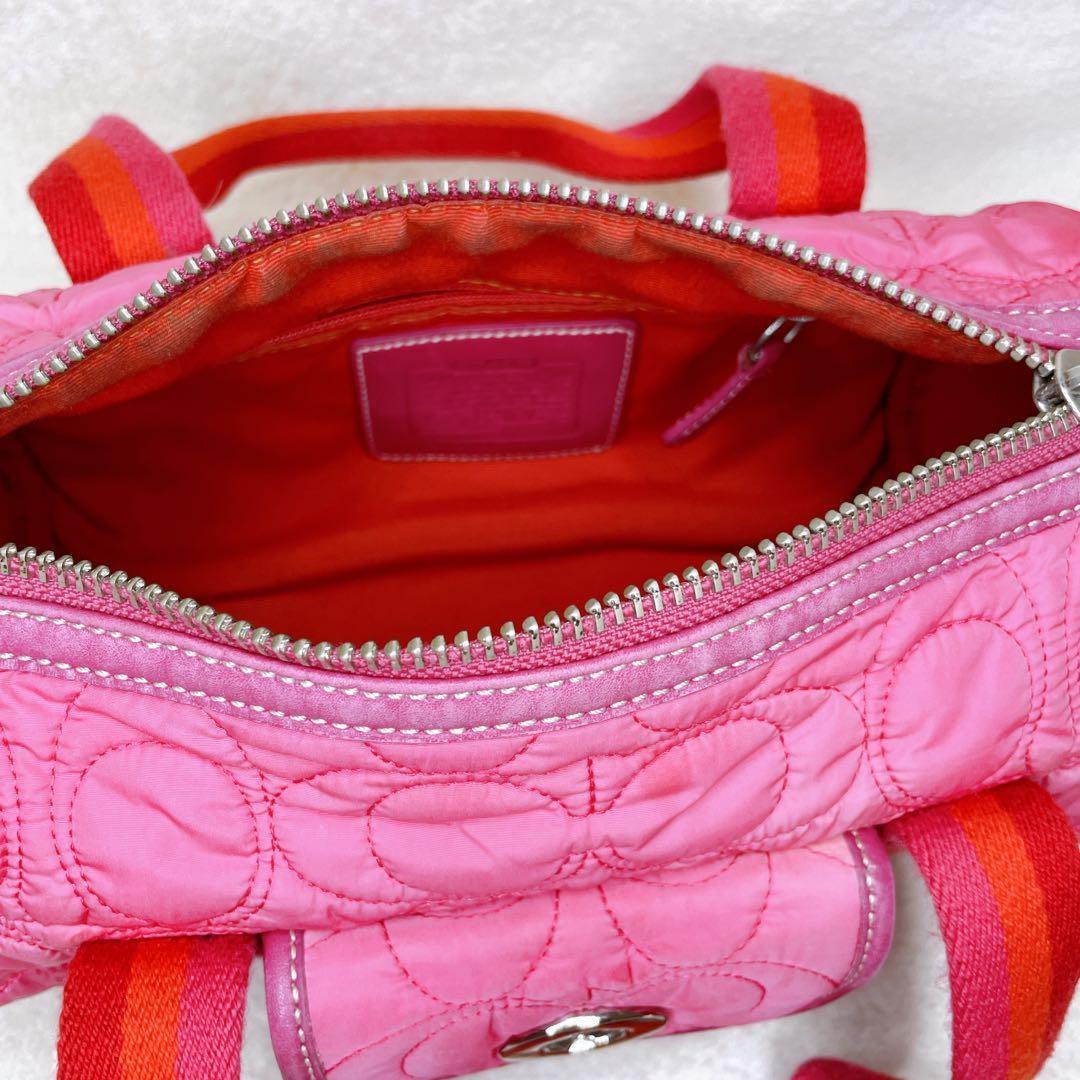 COACH Hand Bag Tote Purse Turn Lock Signature Nylon Suede Pink Red Authentic