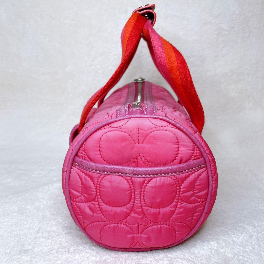 COACH Hand Bag Tote Purse Turn Lock Signature Nylon Suede Pink Red Authentic