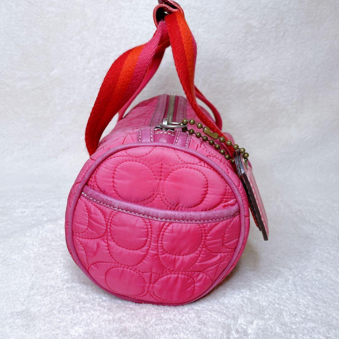 COACH Hand Bag Tote Purse Turn Lock Signature Nylon Suede Pink Red Authentic