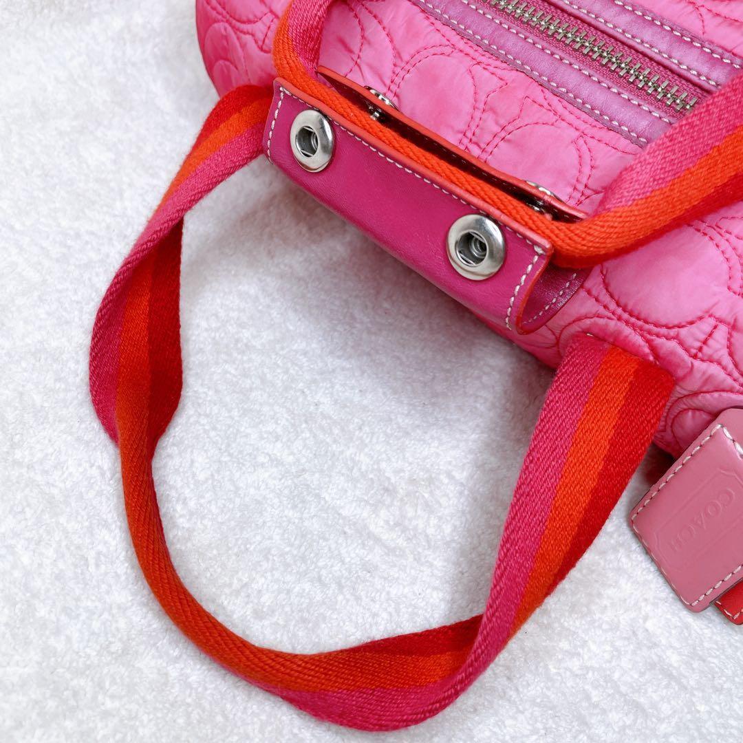 COACH Hand Bag Tote Purse Turn Lock Signature Nylon Suede Pink Red Authentic