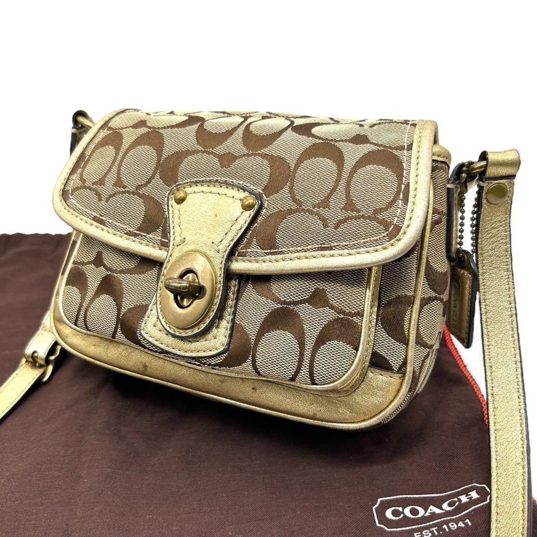 COACH Shoulder Bag Purse Turn Lock Signature Canvas Leather Gold Beige Authentic