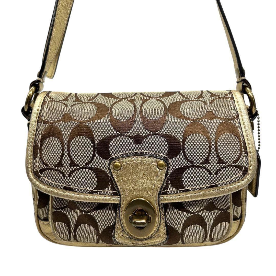 COACH Shoulder Bag Purse Turn Lock Signature Canvas Leather Gold Beige Authentic