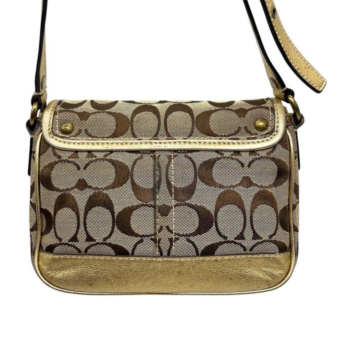 COACH Shoulder Bag Purse Turn Lock Signature Canvas Leather Gold Beige Authentic