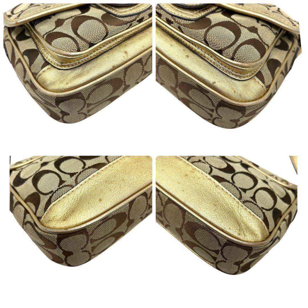 COACH Shoulder Bag Purse Turn Lock Signature Canvas Leather Gold Beige Authentic