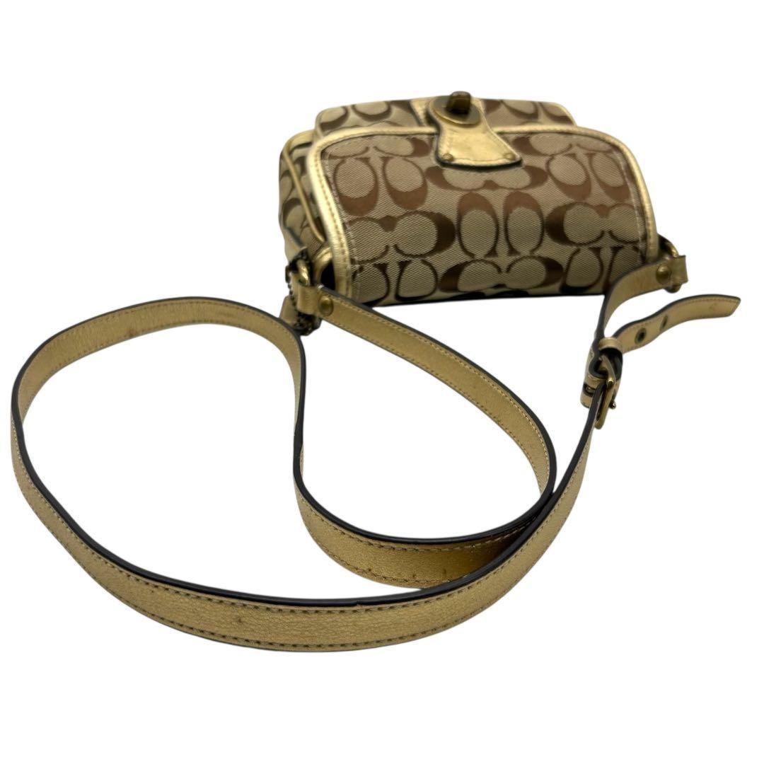COACH Shoulder Bag Purse Turn Lock Signature Canvas Leather Gold Beige Authentic