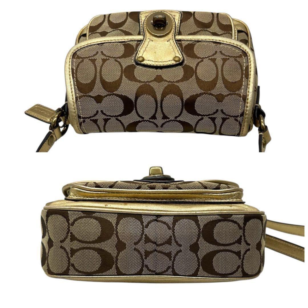 COACH Shoulder Bag Purse Turn Lock Signature Canvas Leather Gold Beige Authentic