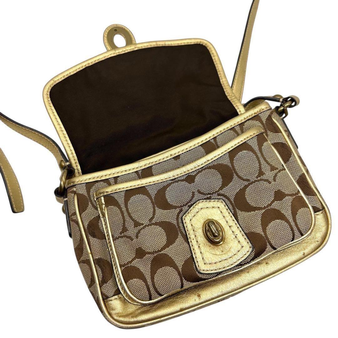 COACH Shoulder Bag Purse Turn Lock Signature Canvas Leather Gold Beige Authentic