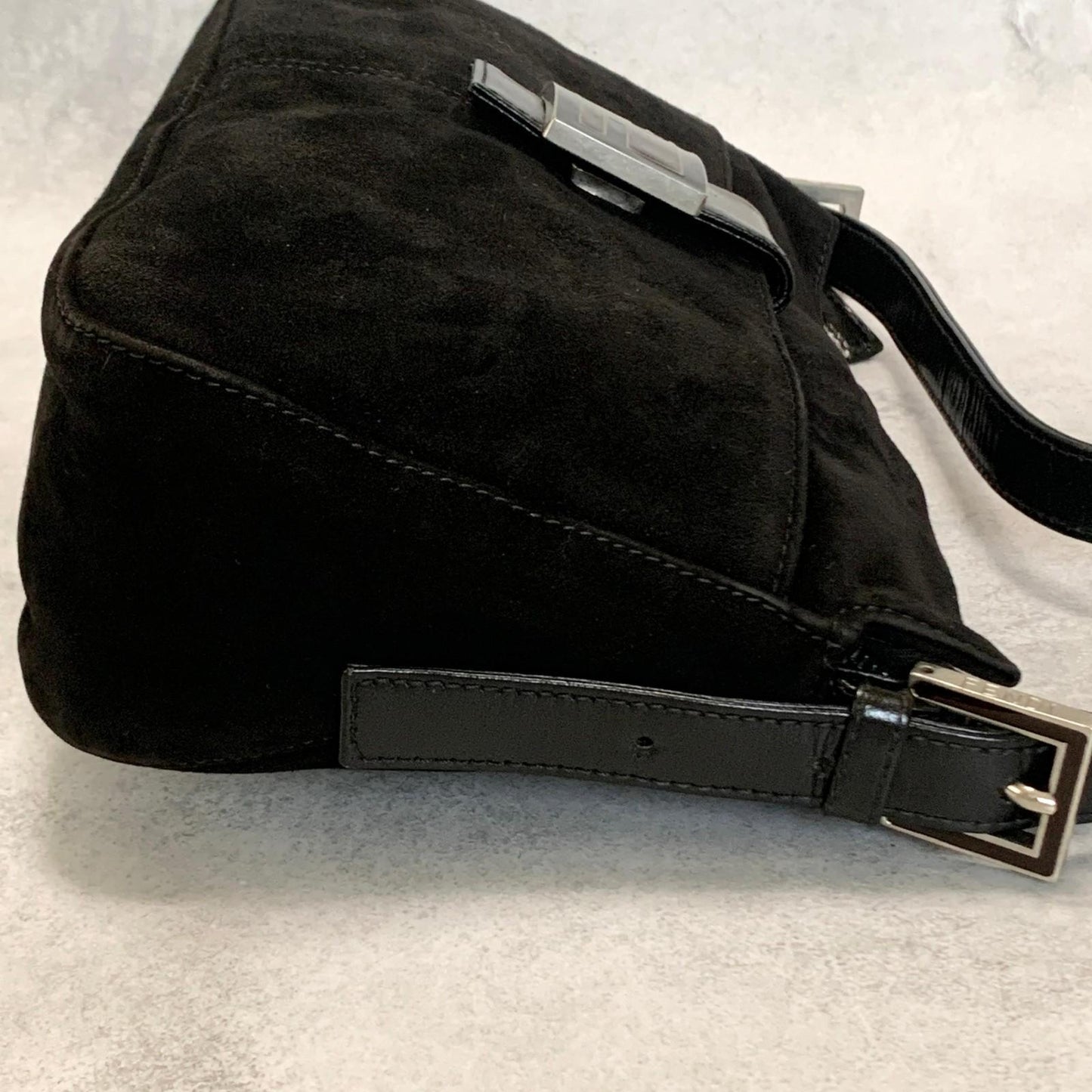 FENDI MammaBaguette Shoulder Bag FF Purse Suede Leather Black Silver Used Auth