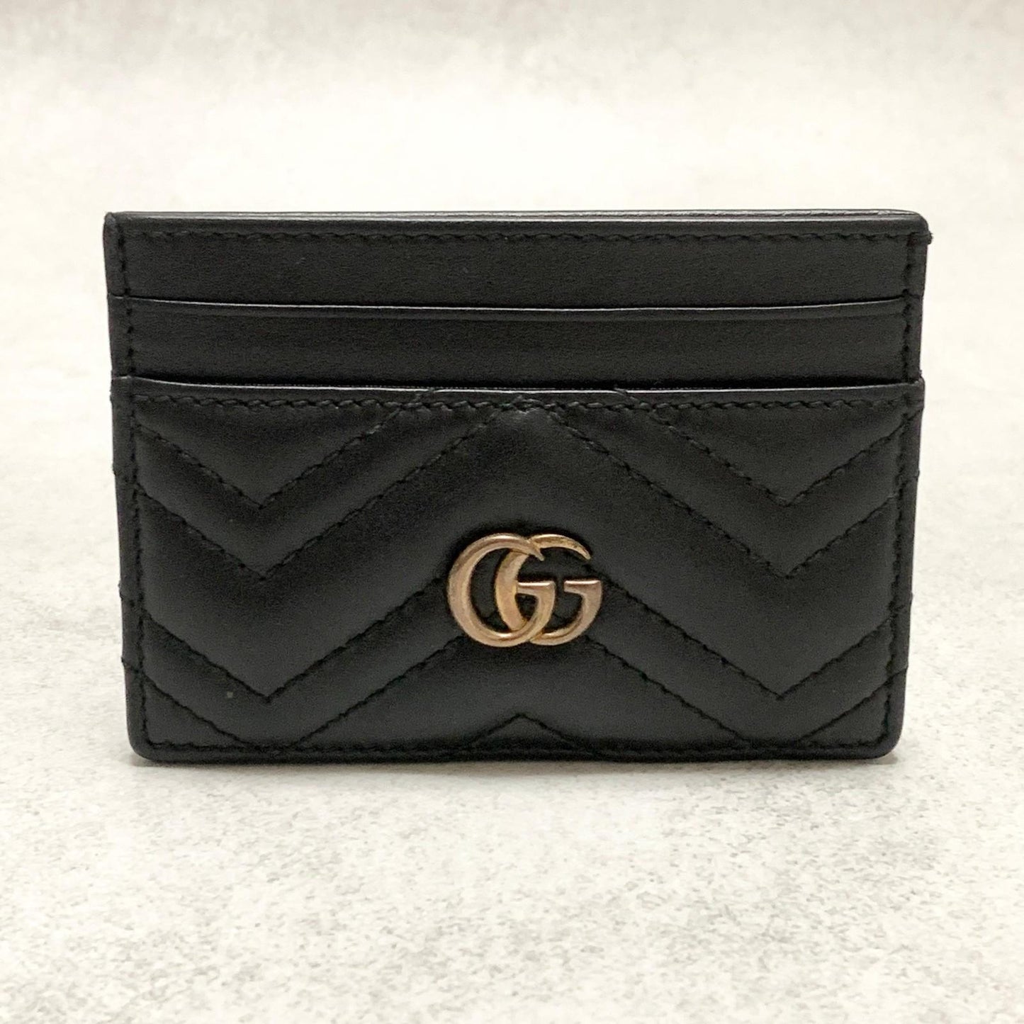GUCCI Marmont Card Holder GG Quilted Case Wallet Leather Black Gold Auth Used