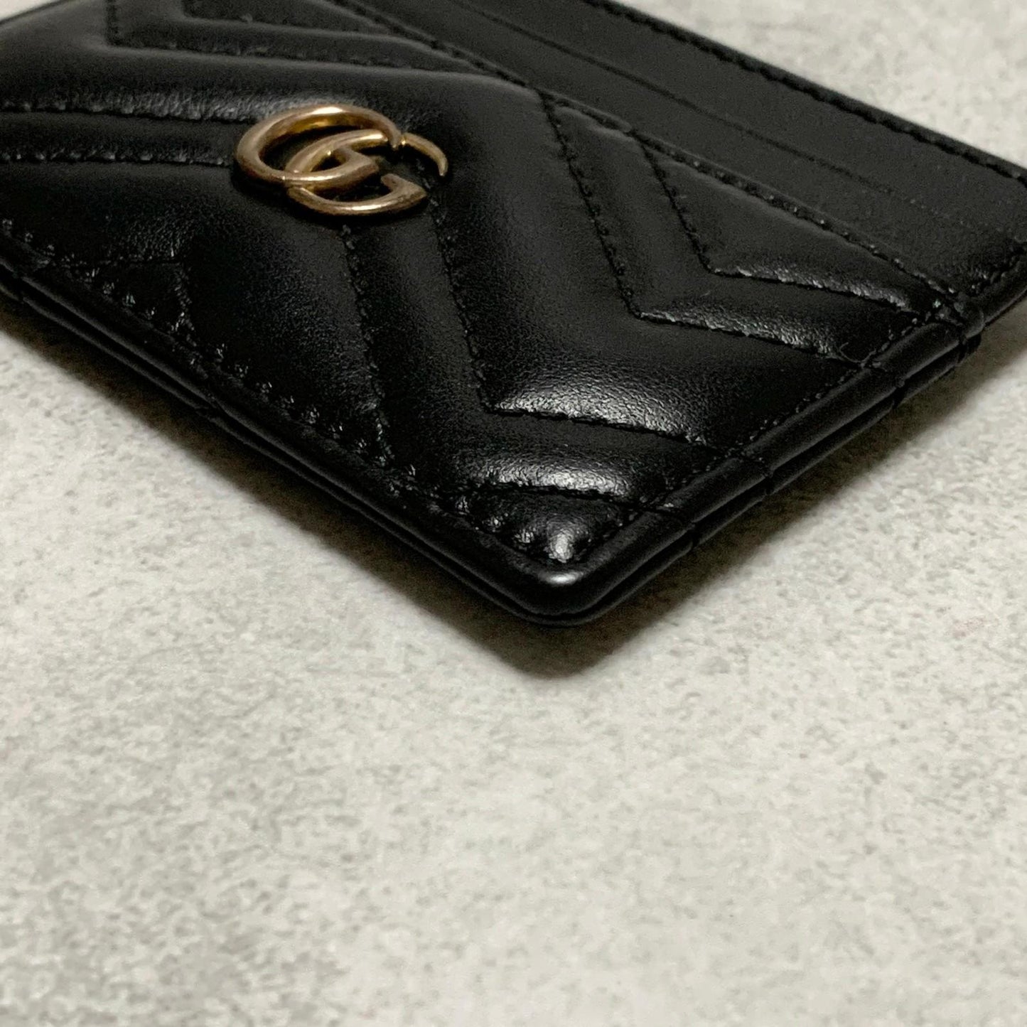 GUCCI Marmont Card Holder GG Quilted Case Wallet Leather Black Gold Auth Used