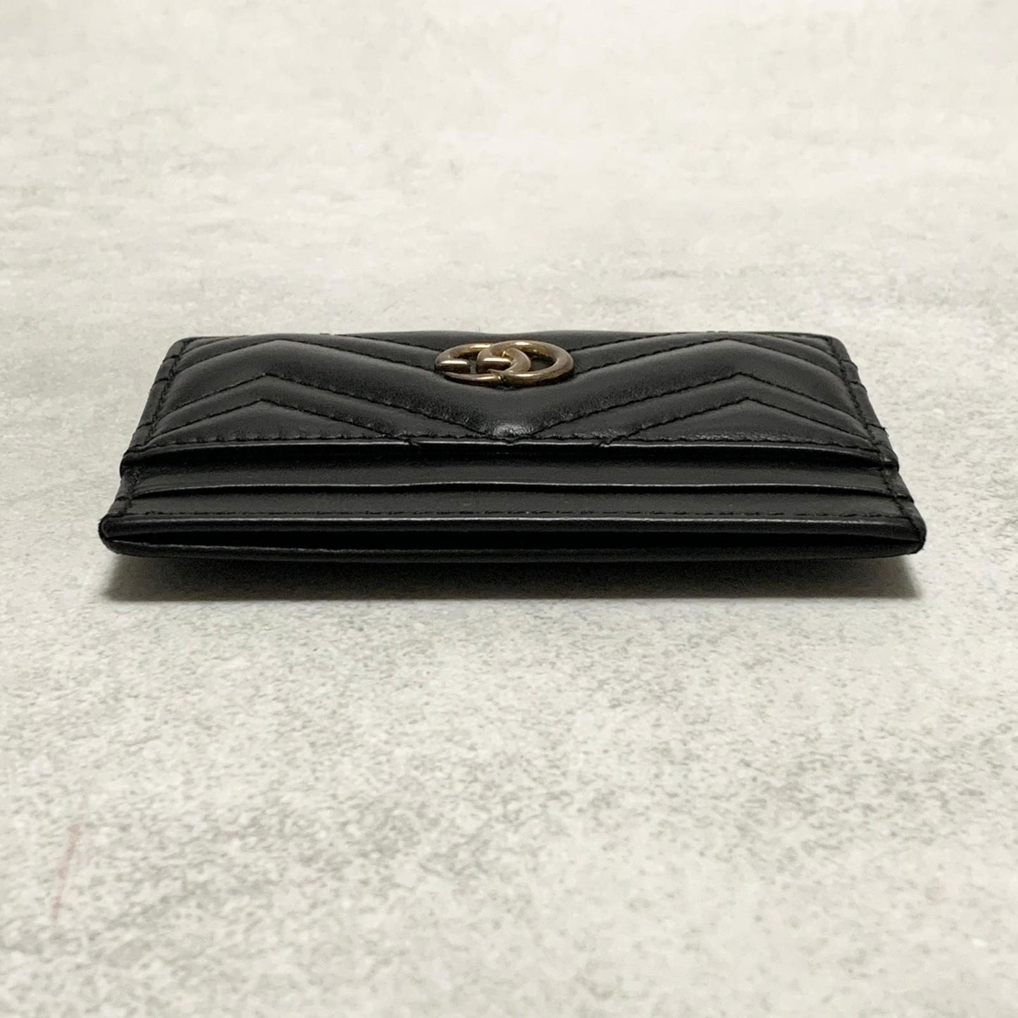 GUCCI Marmont Card Holder GG Quilted Case Wallet Leather Black Gold Auth Used