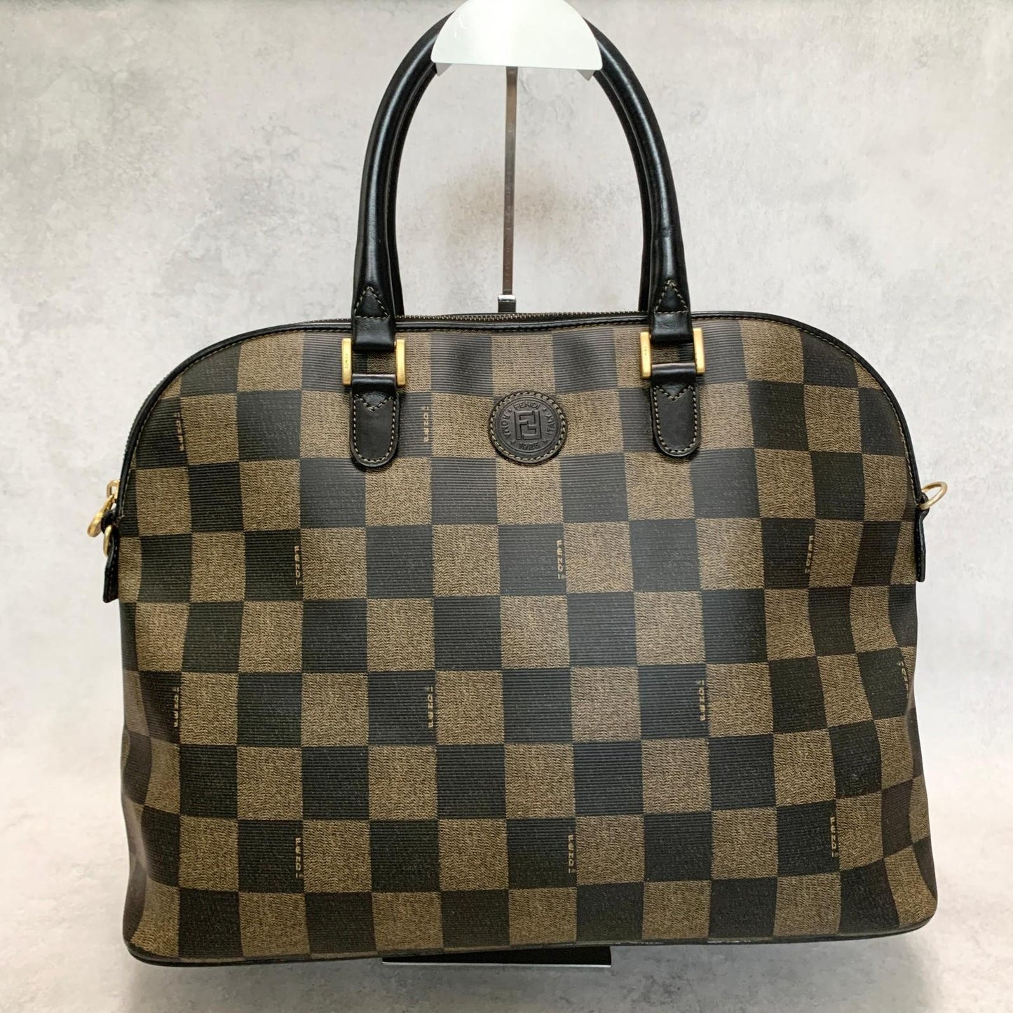 FENDI Pecan Handbag Shoulder Bag FF Tote Purse PVC Leather Black Used Authentic