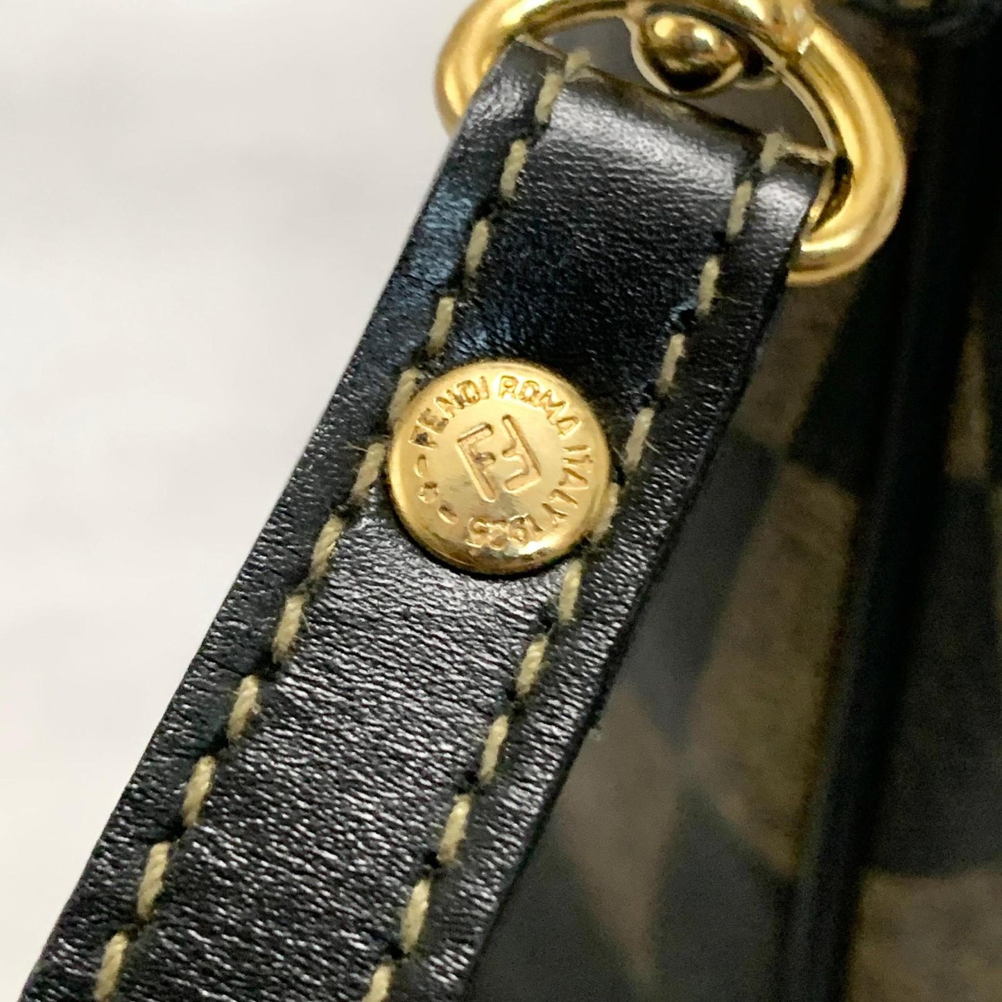 FENDI Pecan Handbag Shoulder Bag FF Tote Purse PVC Leather Black Used Authentic