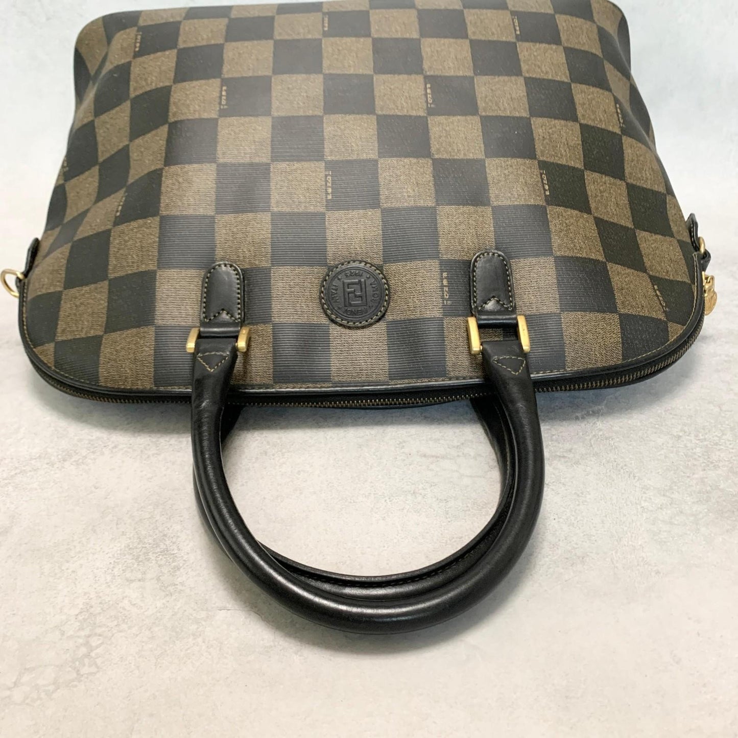 FENDI Pecan Handbag Shoulder Bag FF Tote Purse PVC Leather Black Used Authentic