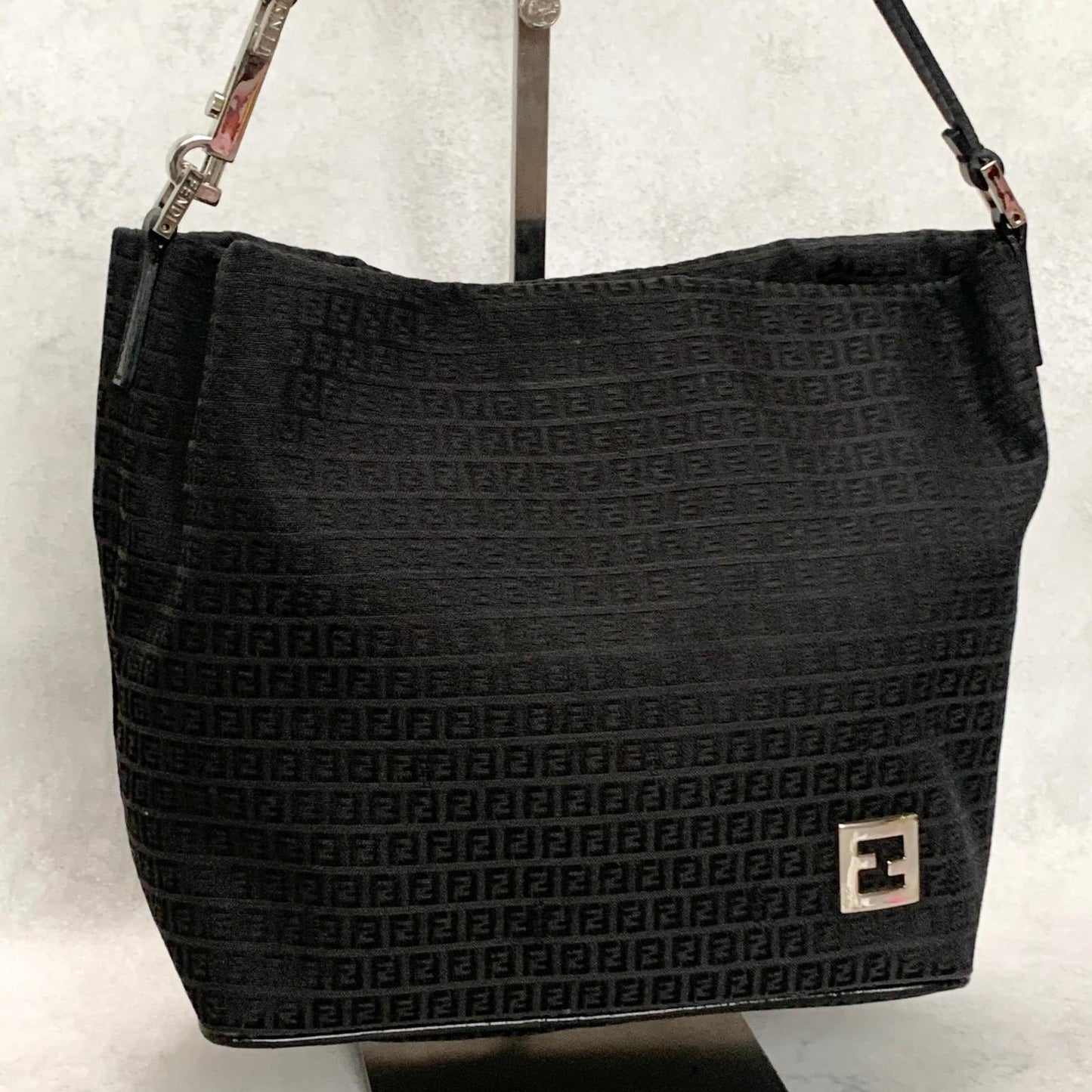 FENDI Handbag FF Zucchino Shoulder Bag Purse Canvas Leather Black Used Authentic