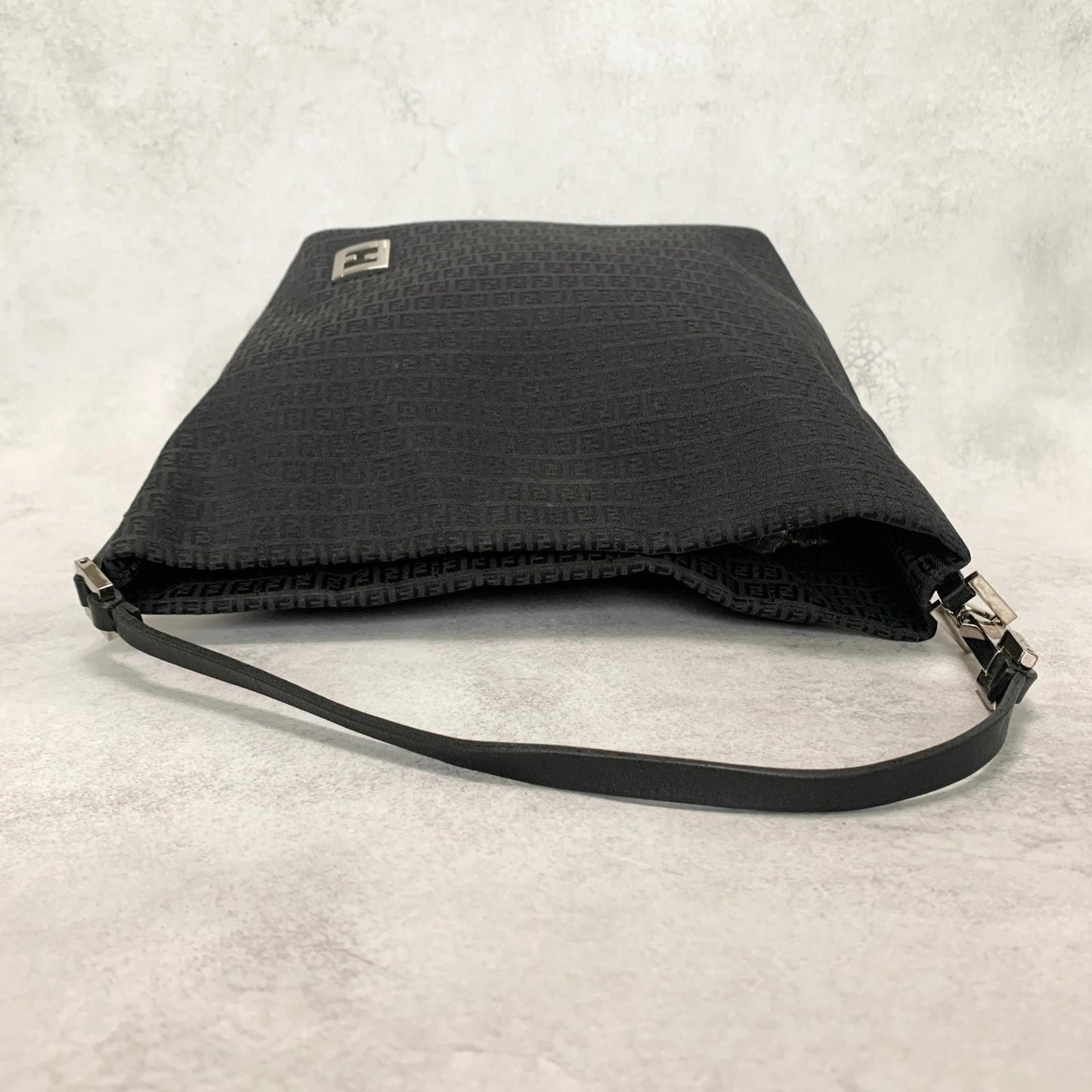FENDI Handbag FF Zucchino Shoulder Bag Purse Canvas Leather Black Used Authentic