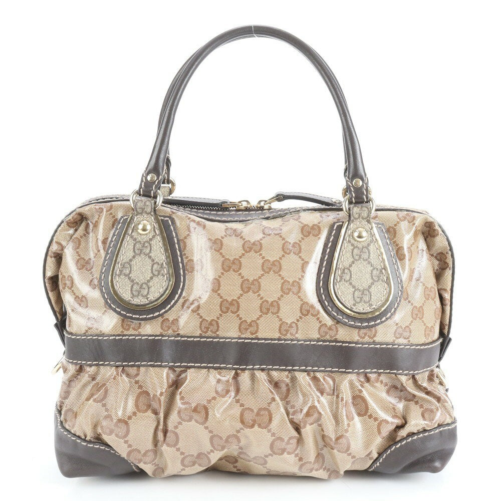GUCCI Mini Boston Hand Bag Tote Purse GG Coated Canvas Leather Brown Authentic