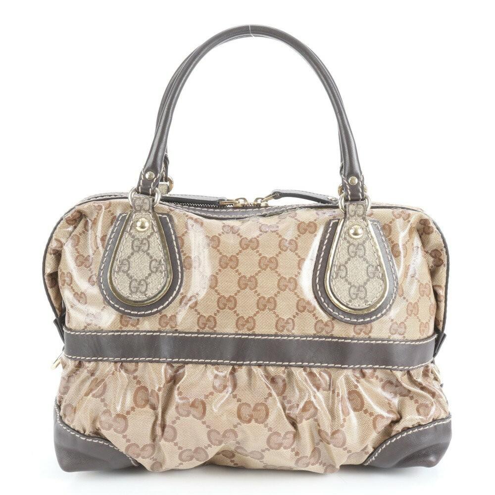 GUCCI Mini Boston Hand Bag Tote Purse GG Coated Canvas Leather Brown Authentic