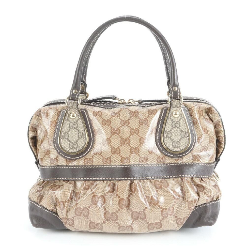 GUCCI Mini Boston Hand Bag Tote Purse GG Coated Canvas Leather Brown Authentic