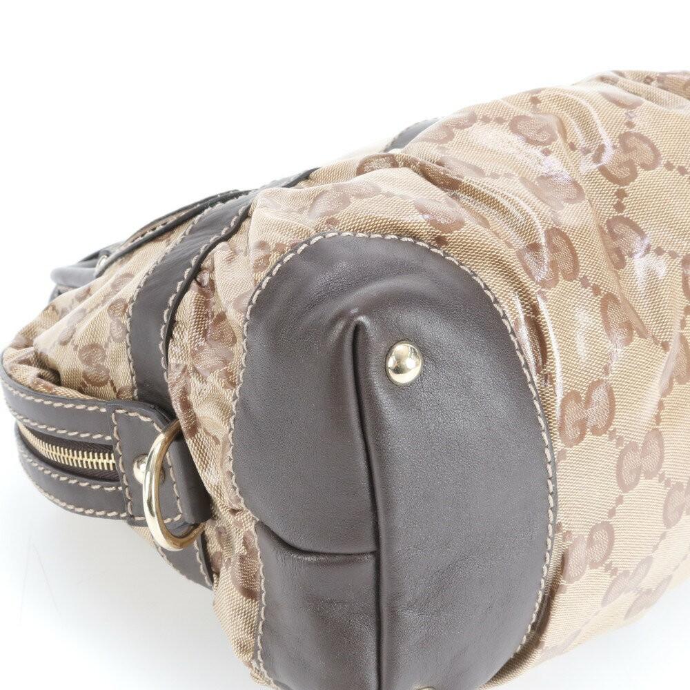 GUCCI Mini Boston Hand Bag Tote Purse GG Coated Canvas Leather Brown Authentic
