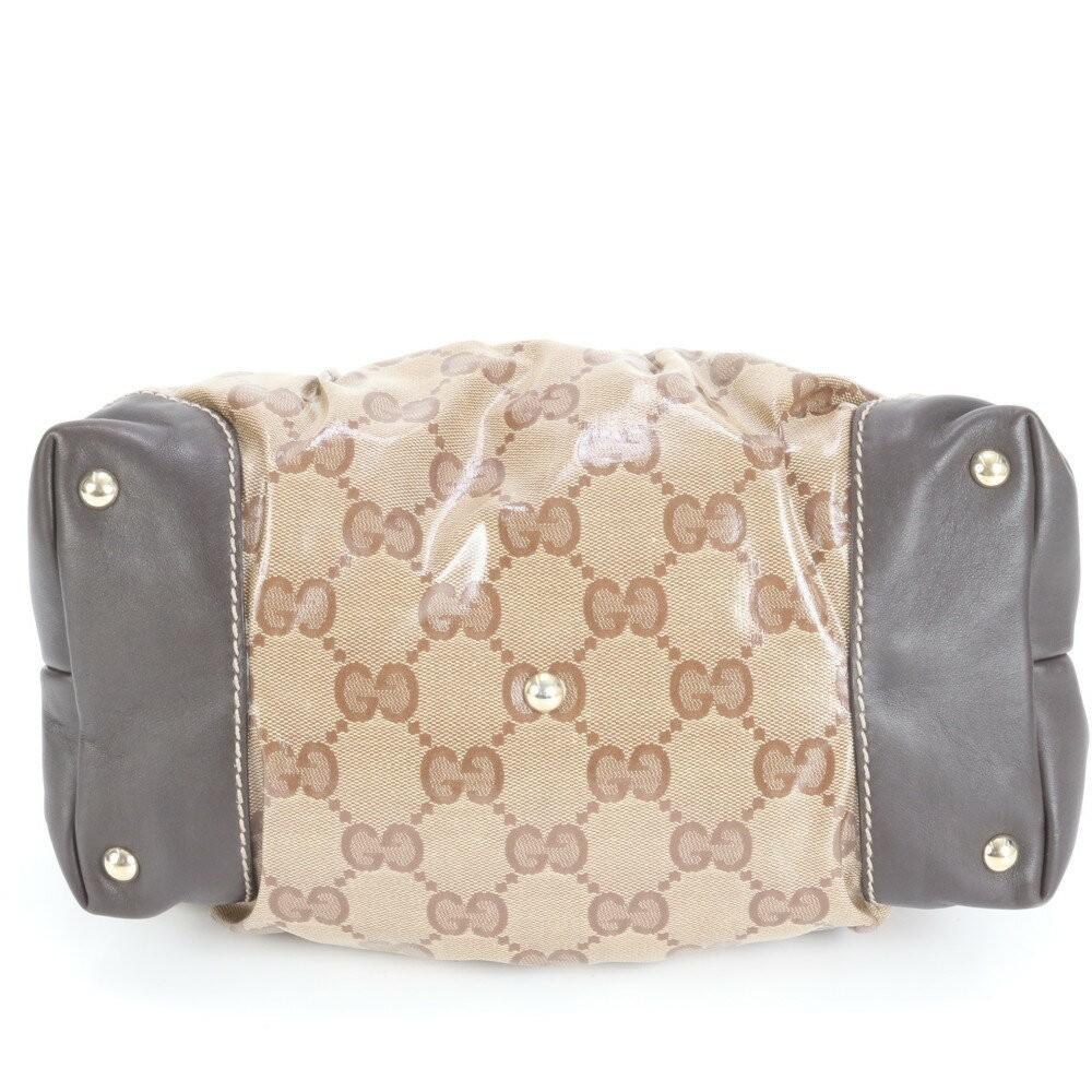 GUCCI Mini Boston Hand Bag Tote Purse GG Coated Canvas Leather Brown Authentic
