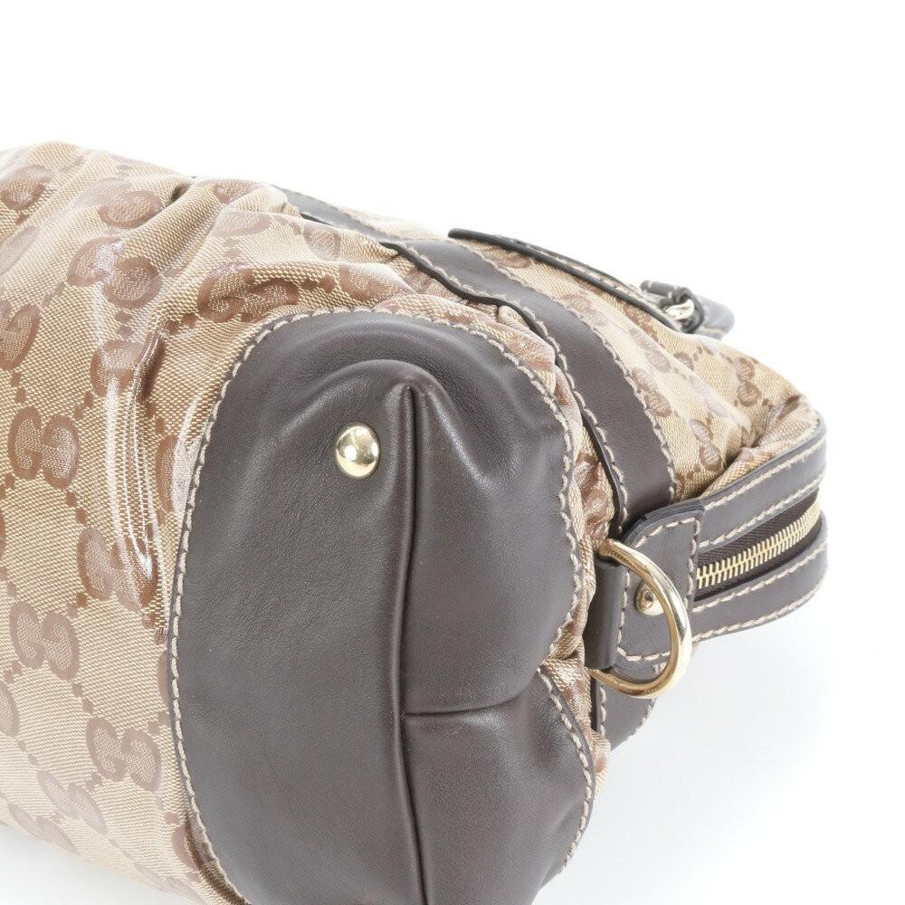 GUCCI Mini Boston Hand Bag Tote Purse GG Coated Canvas Leather Brown Authentic