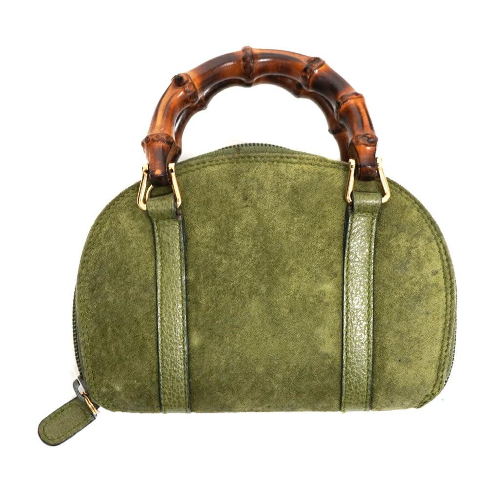 GUCCI Mini Hand Shoulder Bag Tote Purse Bamboo Leather Khaki Green Authentic