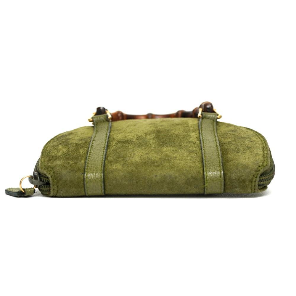 GUCCI Mini Hand Shoulder Bag Tote Purse Bamboo Leather Khaki Green Authentic