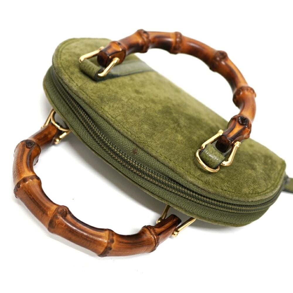 GUCCI Mini Hand Shoulder Bag Tote Purse Bamboo Leather Khaki Green Authentic