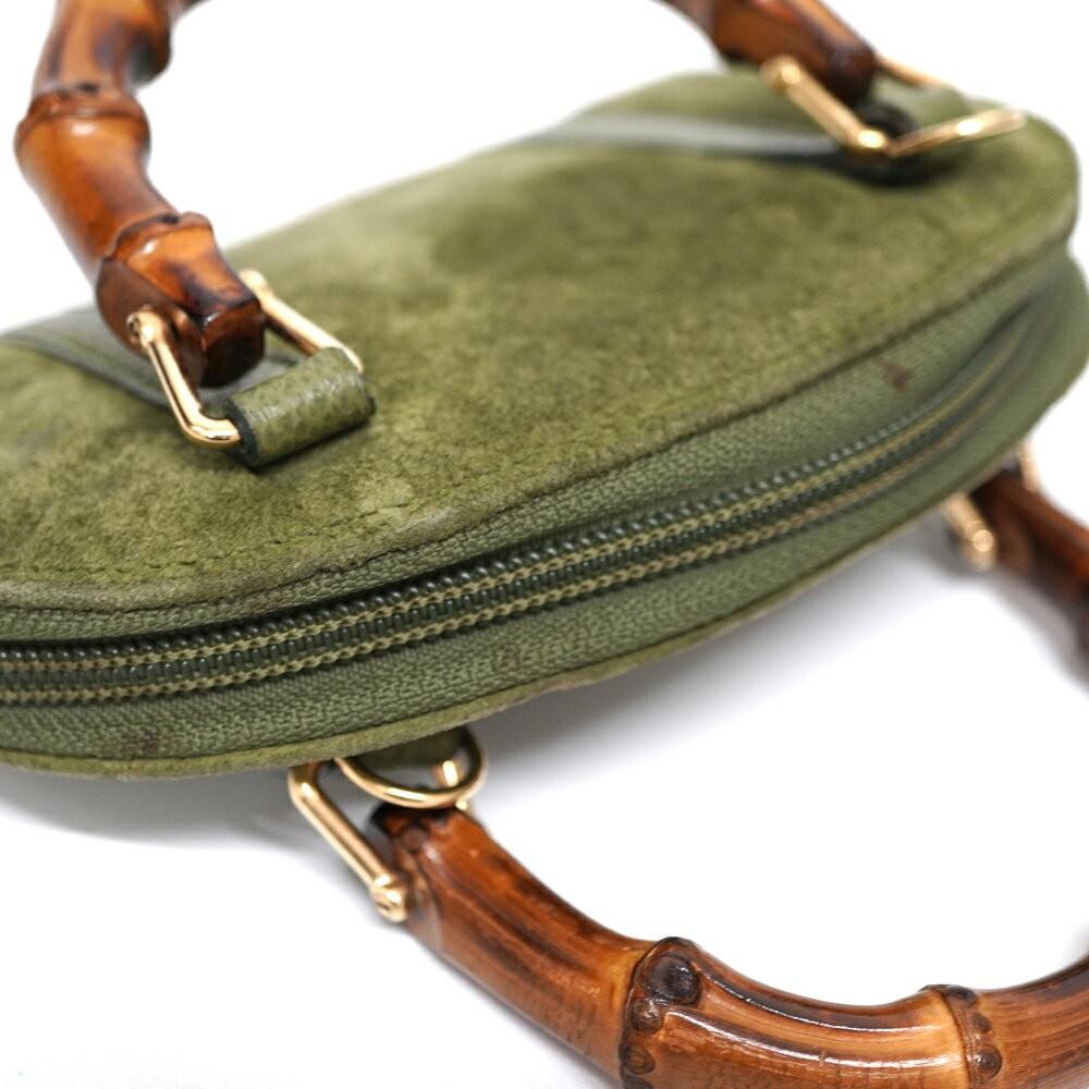 GUCCI Mini Hand Shoulder Bag Tote Purse Bamboo Leather Khaki Green Authentic