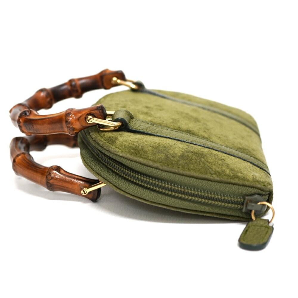 GUCCI Mini Hand Shoulder Bag Tote Purse Bamboo Leather Khaki Green Authentic