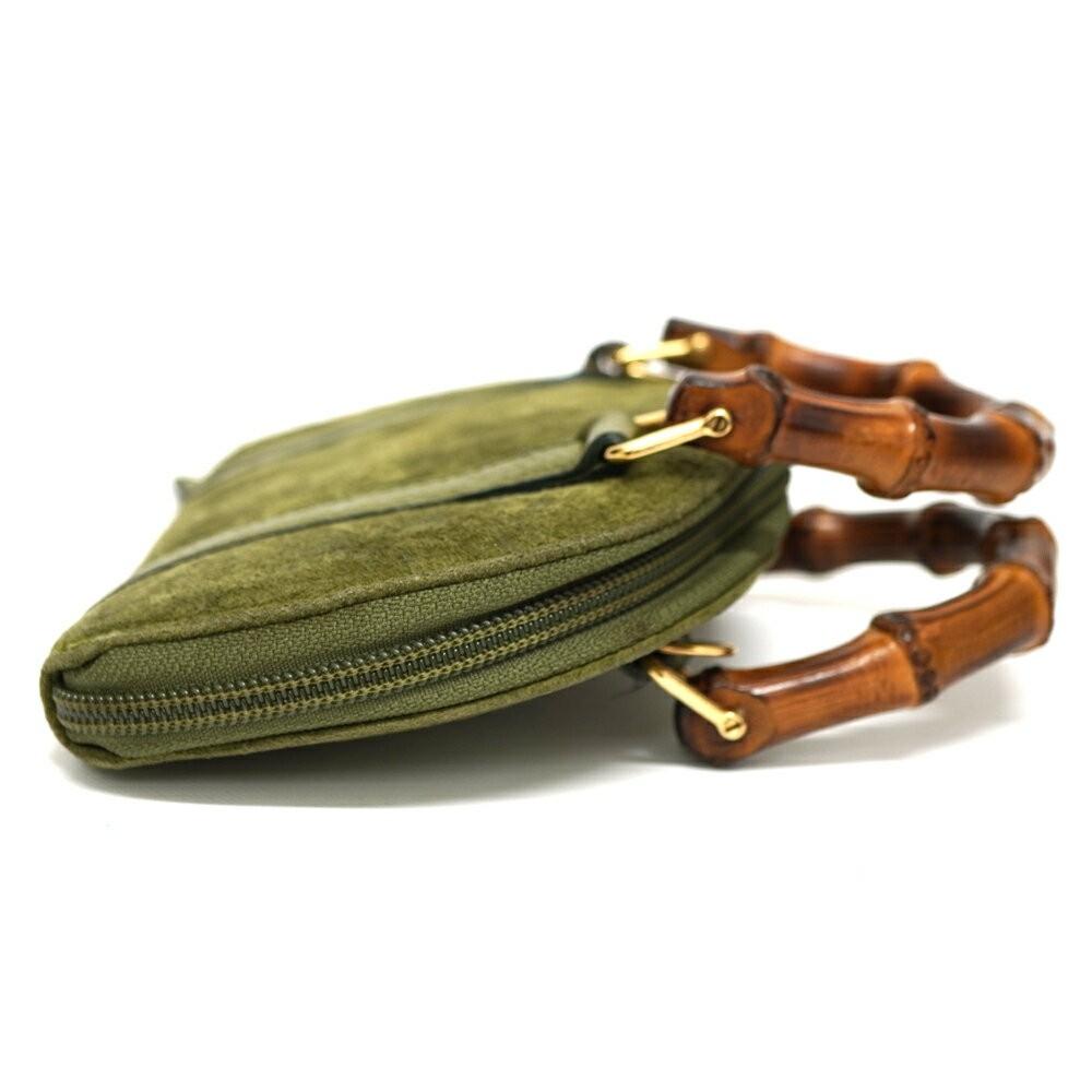 GUCCI Mini Hand Shoulder Bag Tote Purse Bamboo Leather Khaki Green Authentic