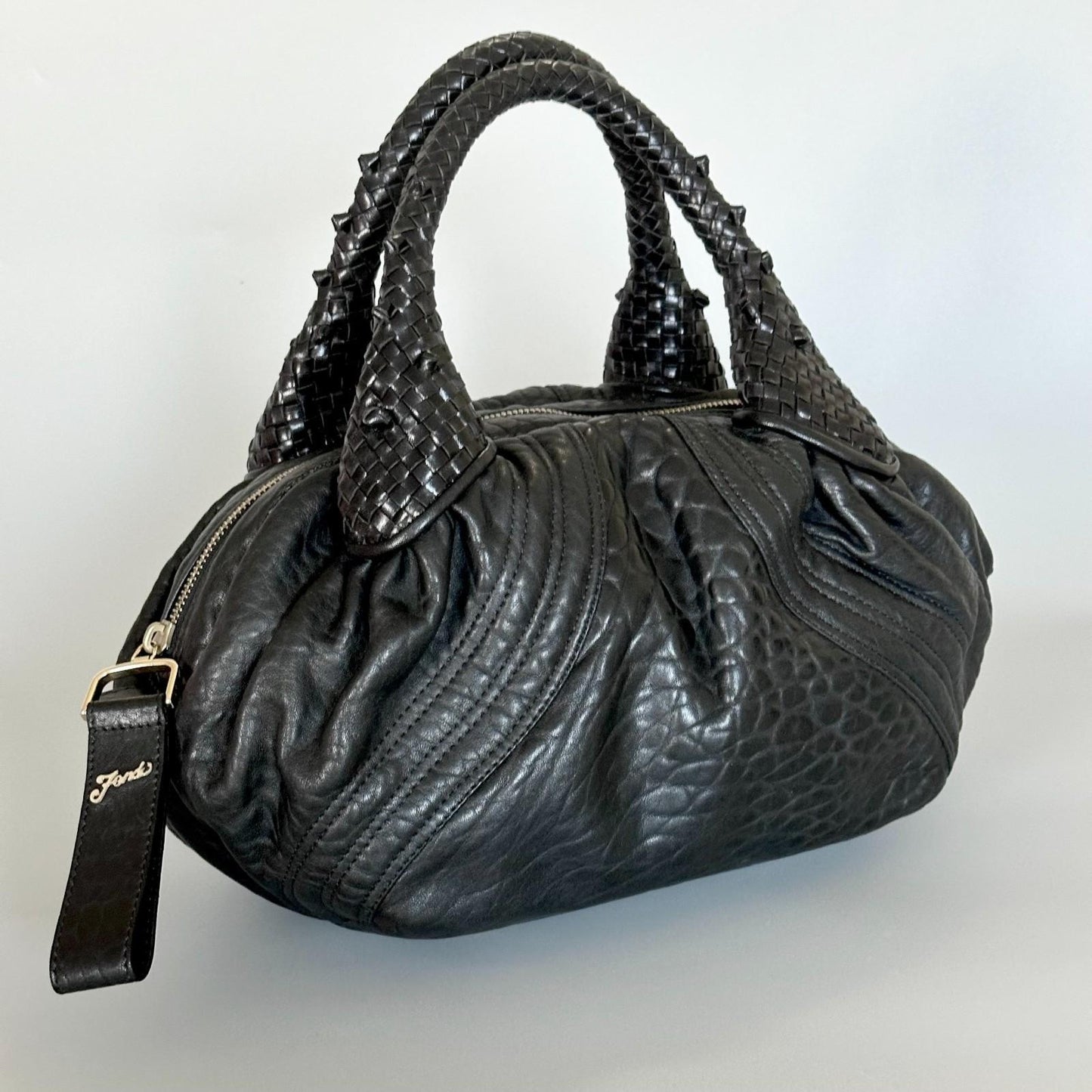 FENDI Spy Handbag Y2K Zucca Canvas Leather Purse Tote Black Gold Auth AP41008