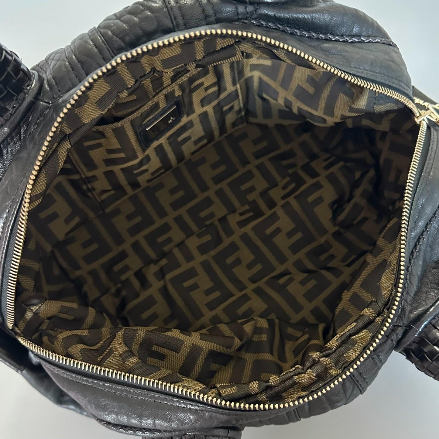 FENDI Spy Handbag Y2K Zucca Canvas Leather Purse Tote Black Gold Auth AP41008
