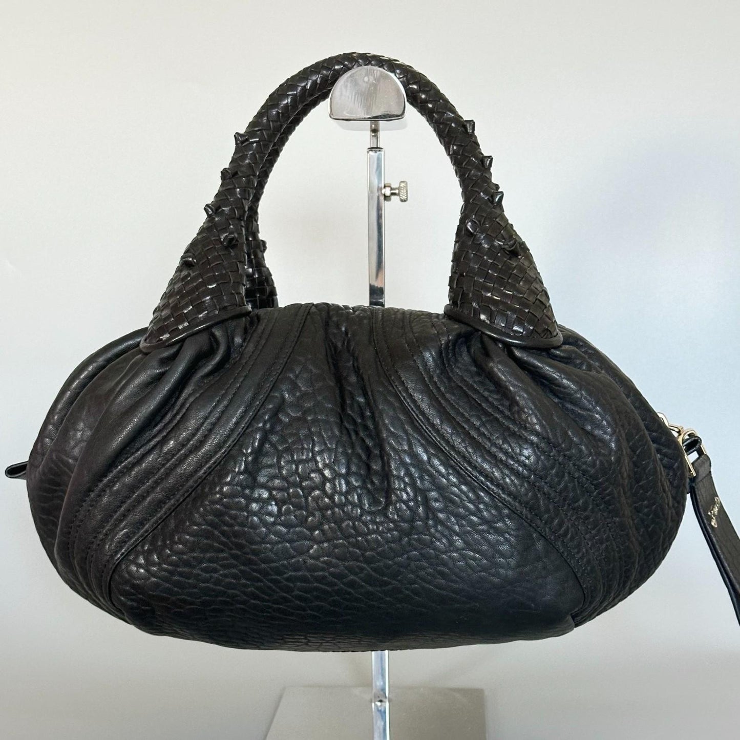 FENDI Spy Handbag Y2K Zucca Canvas Leather Purse Tote Black Gold Auth AP41008