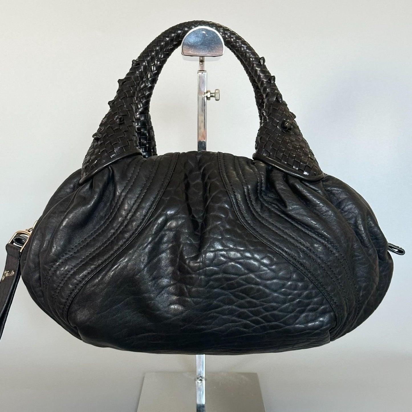 FENDI Spy Handbag Y2K Zucca Canvas Leather Purse Tote Black Gold Auth AP41008