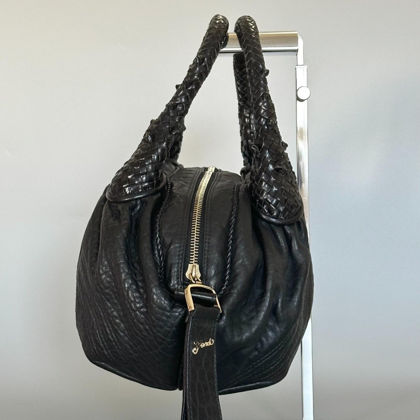 FENDI Spy Handbag Y2K Zucca Canvas Leather Purse Tote Black Gold Auth AP41008