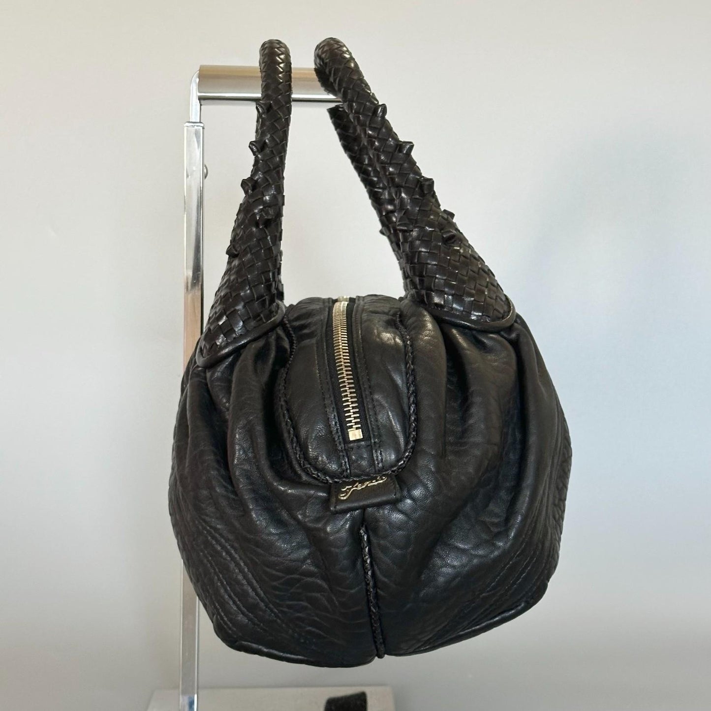 FENDI Spy Handbag Y2K Zucca Canvas Leather Purse Tote Black Gold Auth AP41008