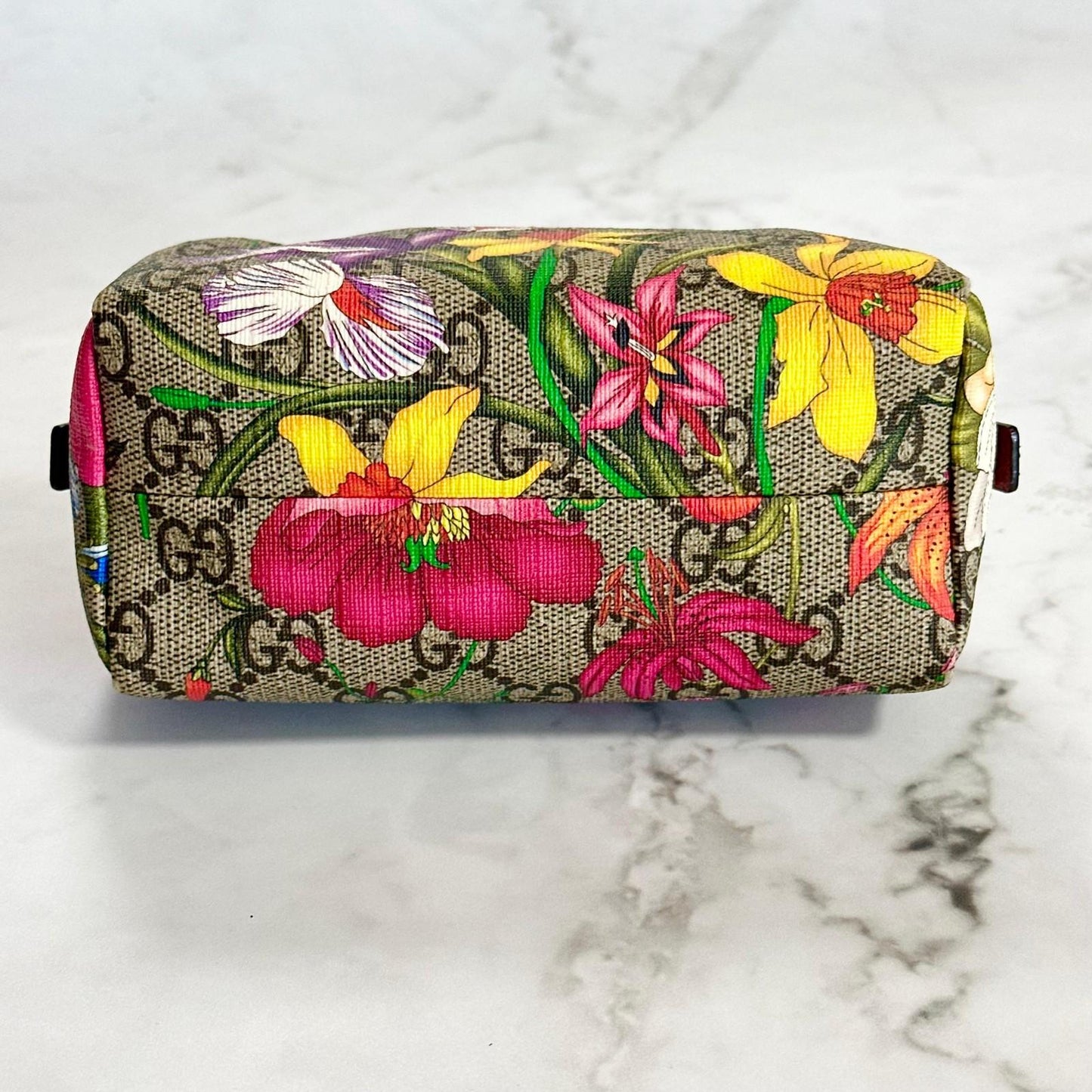 GUCCI Flora Cosmetic Pouch Purse GG Supreme Marmont Charm Beige Leather Auth