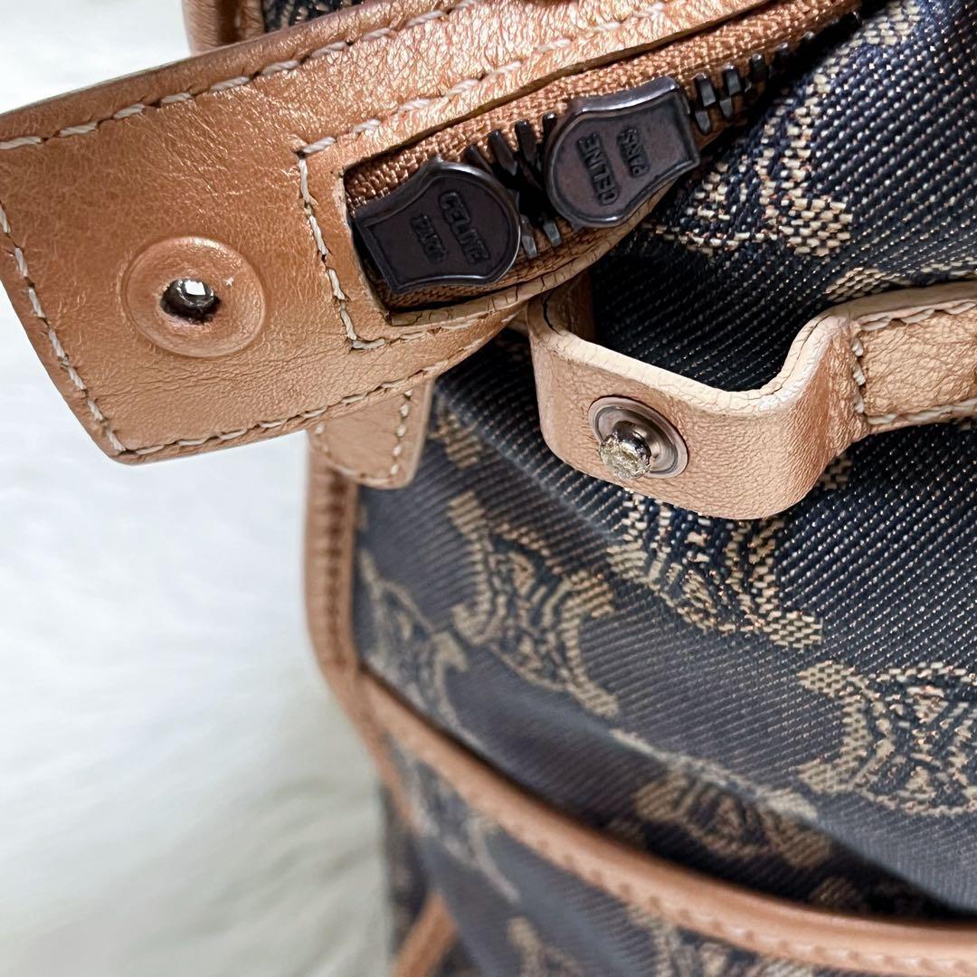 CELINE Hand Bag Tote Purse Macadam Canvas Leather Indigo Pink Gold Authentic