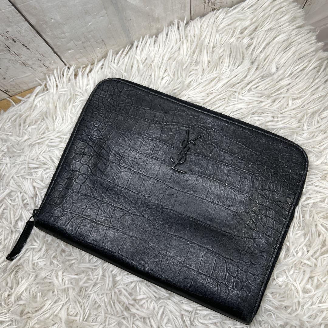Saint Laurent Clutch Bag Second Bag YSL Cassandra Leather Black Authentic