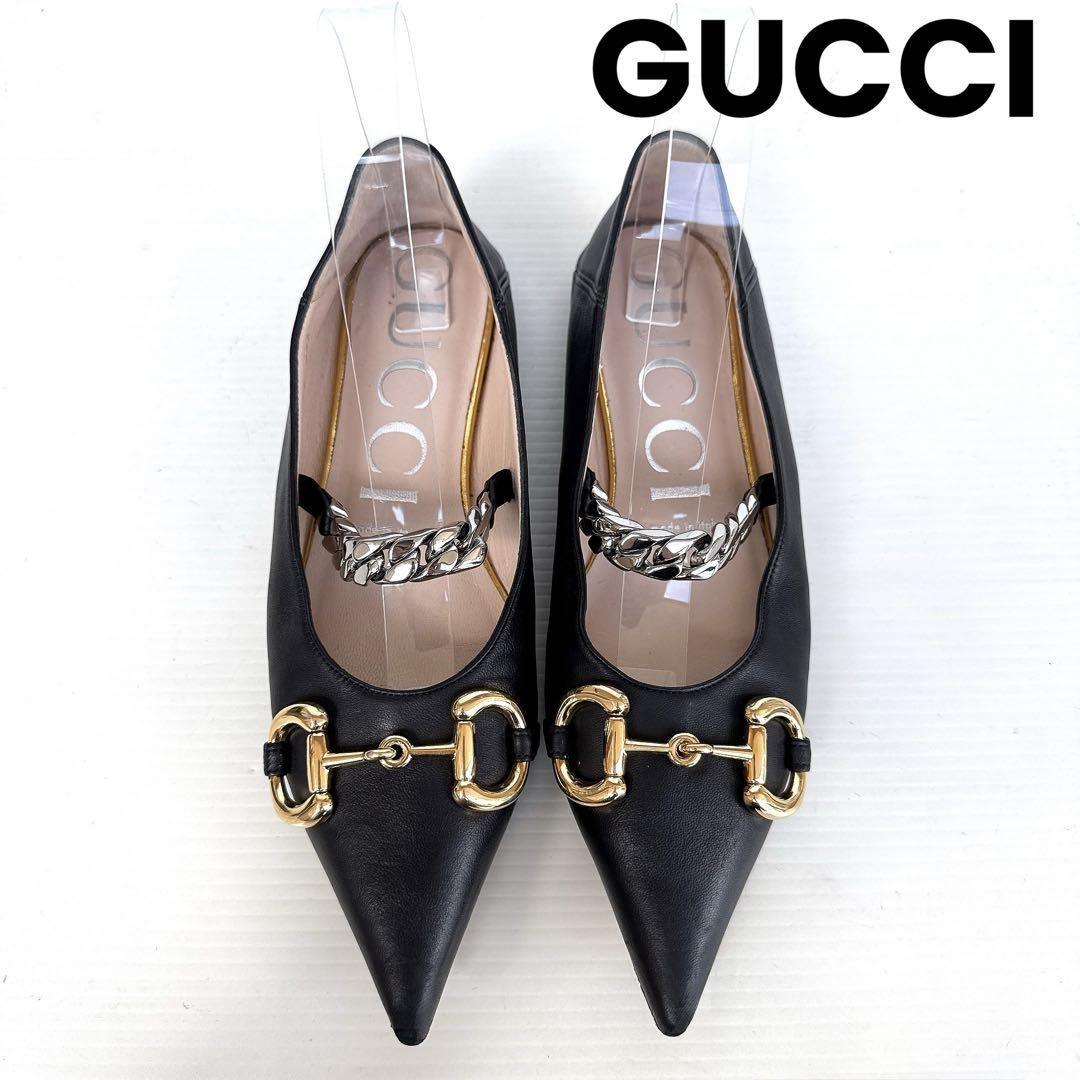 GUCCI Shoes Pumps Heel Chain Horsebit EU 37 US 7 Leather Black Authentic