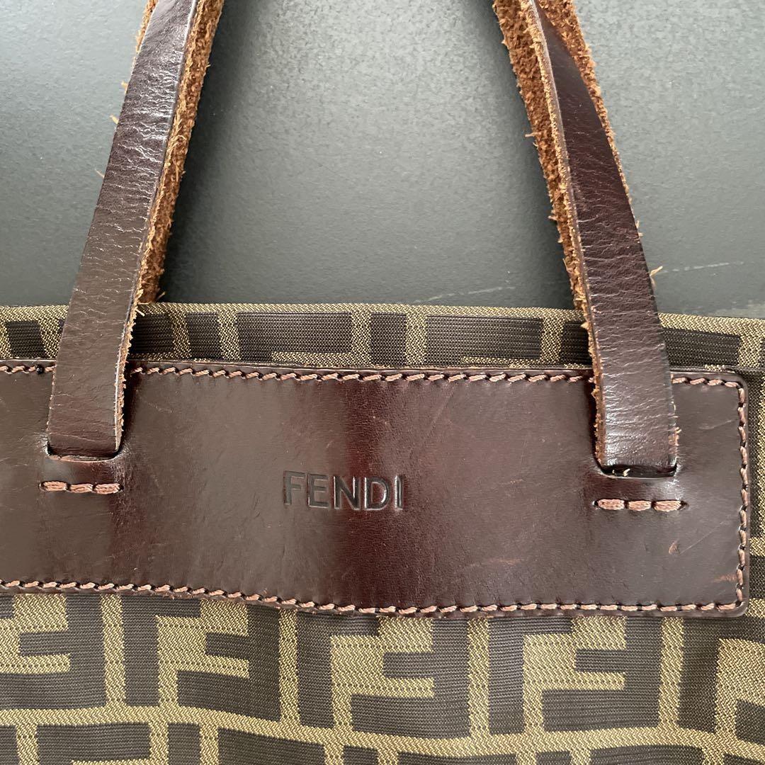 FENDI Hand Bag Tote Purse FF Zucca Nylon Leather Brown Authentic