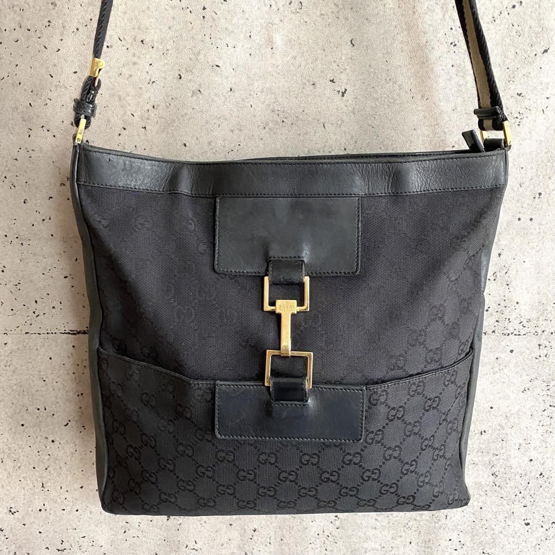 GUCCI Shoulder Bag Purse GG Canvas Leather Black Authentic